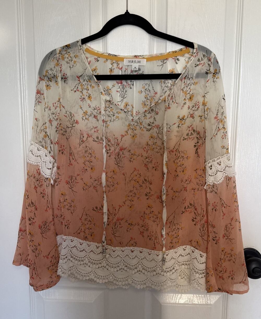 Taylor and Sage Sheer Boho Peasant floral Top Sz XS